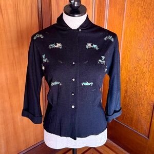 Vintage 50s 1950s Novelty Car Print Blouse Top, Antique Automobiles Rhinestone